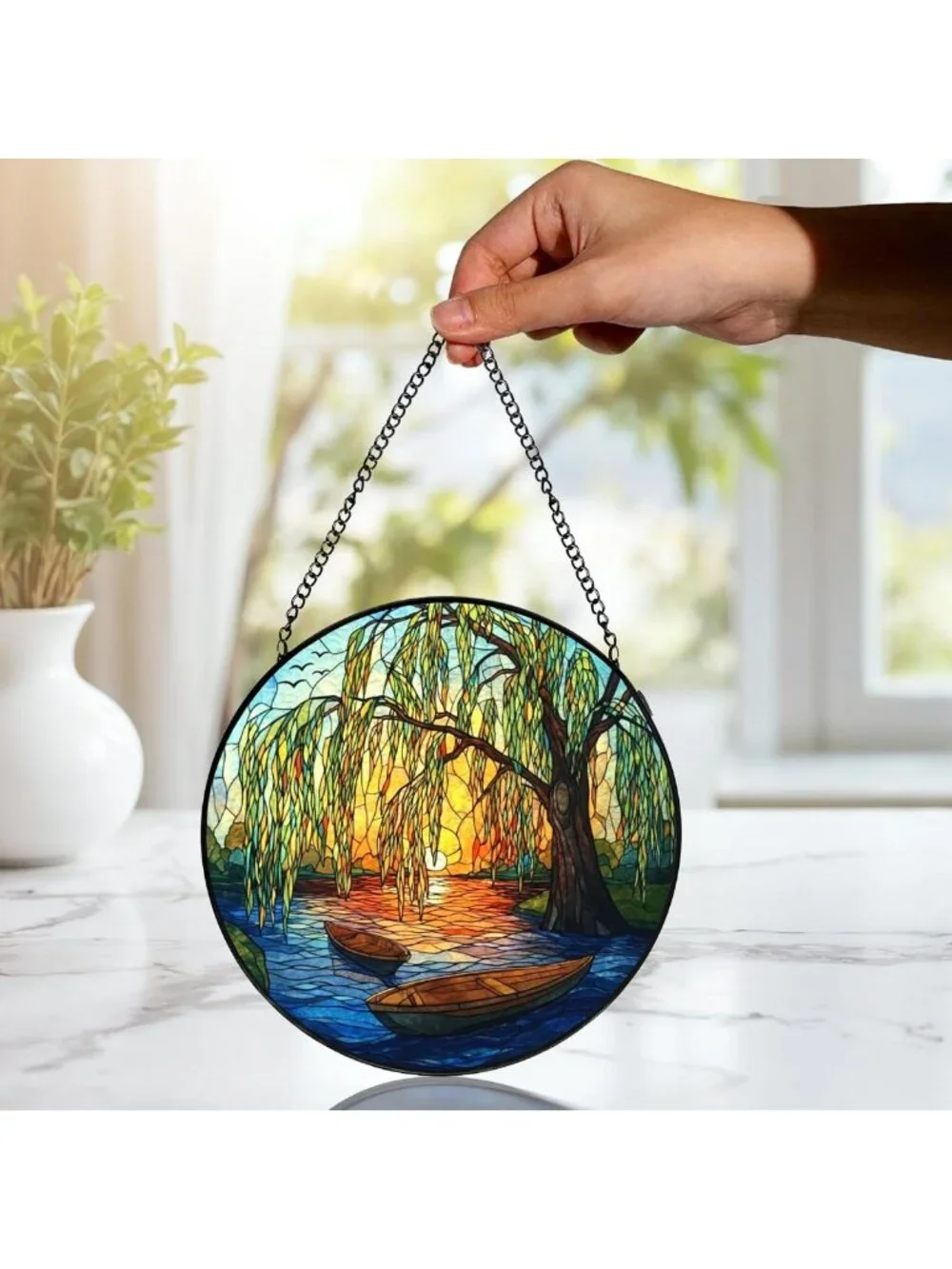 Stained Glass Weeping Willow Suncatcher - Nature Lover Gift, 7.9x7.9in Decor